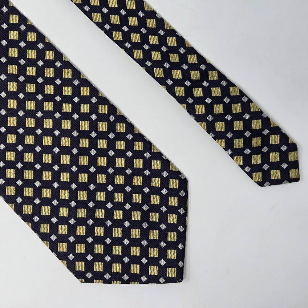 EQUESTRIAN FIRENZE SILK TIE BLUE YELLOW GEOMETRIC FOULARD SATIN 3.75" X 60"